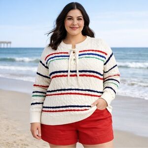 Lands' End Drifter Striped Cable Knit Lace Up Sweater 1X White Nautical Classic